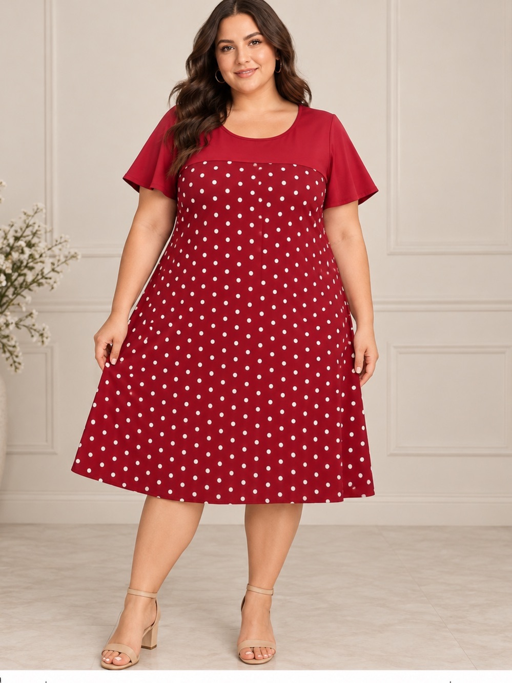 SHEIN Curve Red White Polka Dot A-Line Dress 0XL Short Sleeve